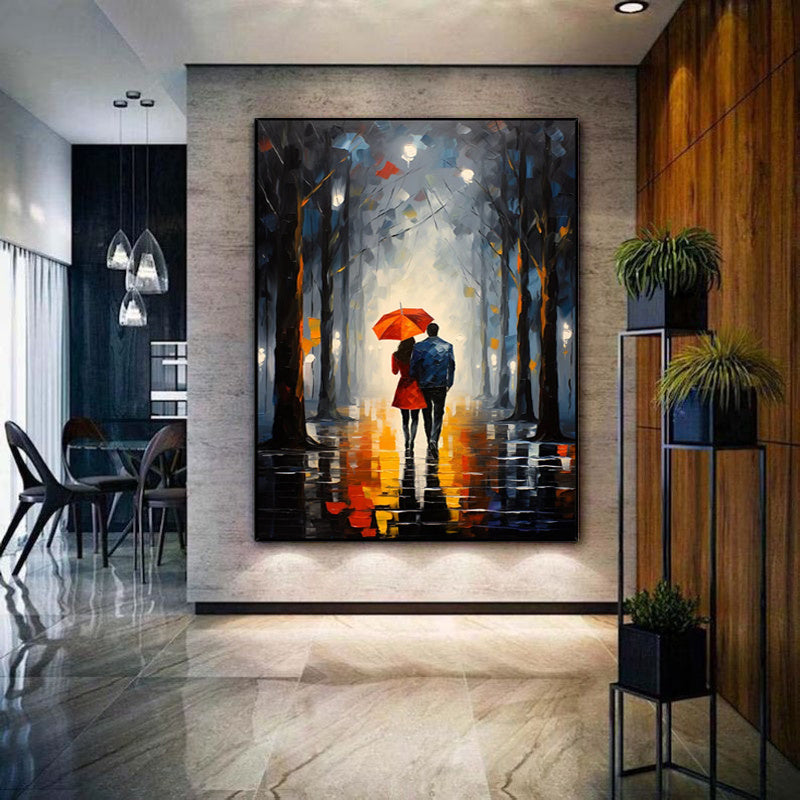 HKM-648339 Handpainted Oil Painting of Couple in Red Dress with Umbrella in Night Cityscape - Landscape Canvas Art for Home Decor