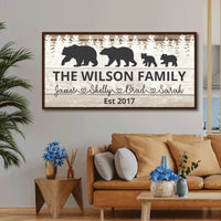 HKM-648403 Bear Family Canvas Frame Art for Living Room - Nordic Style Decor with Wooden Frame