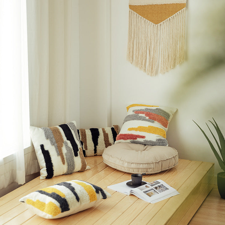 HKM-648467 Cotton Thread Woven Tufted Pillowcase - 45x45cm in White Gray Yellow, Gray Red Yellow, Gray Coffee Black, White Green Black
