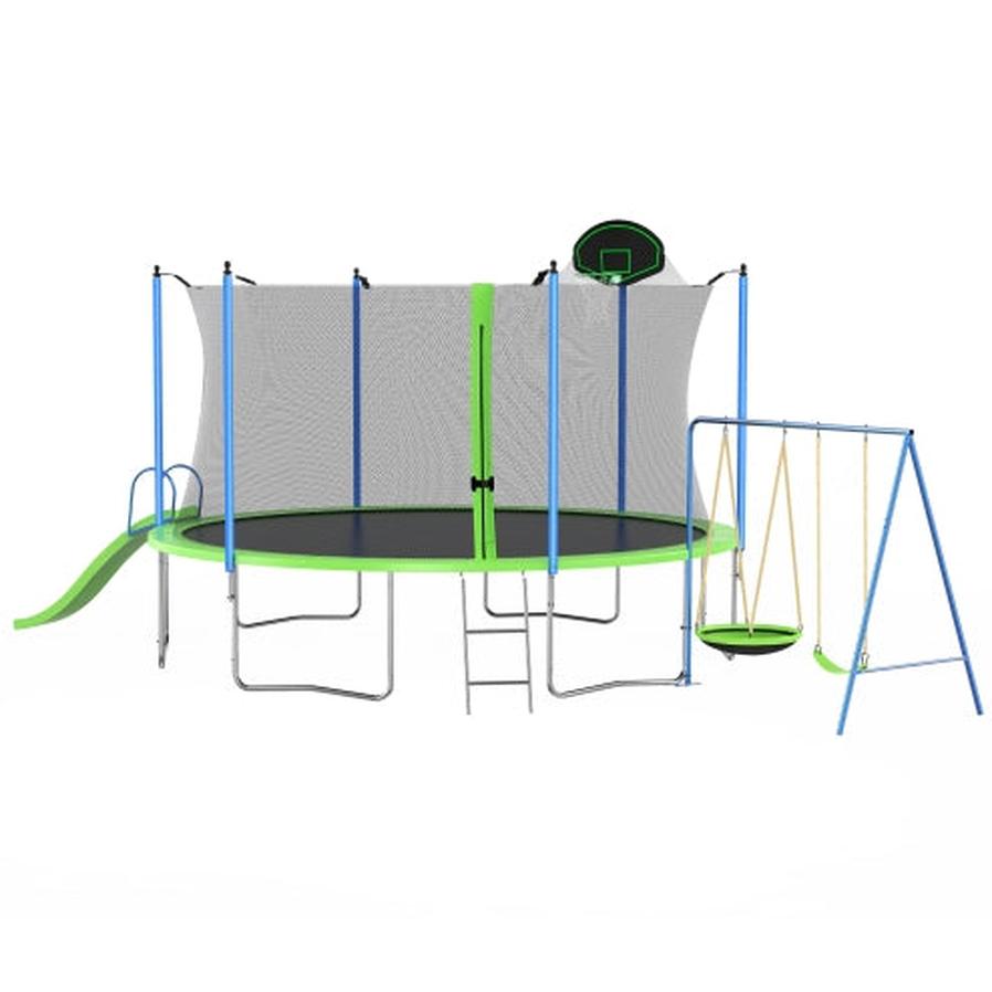 HKM-648595 12FT Trampoline with Slide, Swings, Basketball Hoop, and Safety Net for Kids and Adults