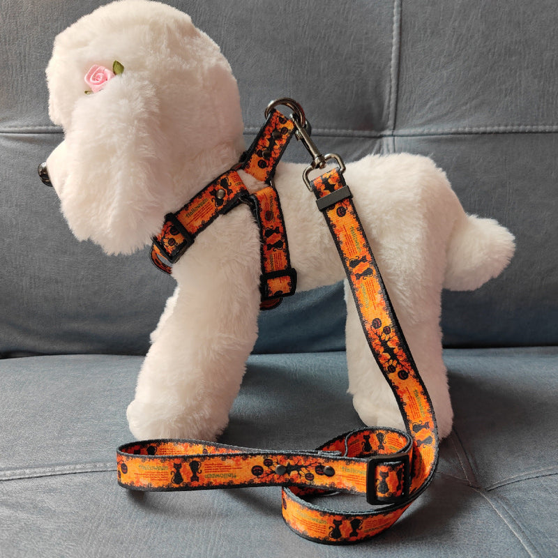 HKM-648595 Halloween Dog Print Harness and Leash Set with Collar, Polyester Material, Multiple Sizes Available