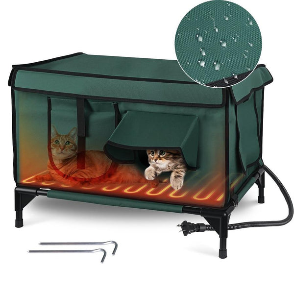 HKM-648723 Waterproof Heated Cat House with Insulated Shelter, Heating Pad, Anti-Chew Cord, 2 Doors & 3 Windows for Indoor/Outdoor Use