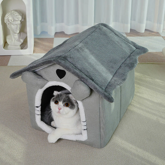 HKM-6487357 Universal Four Seasons Removable Washable Pet Bed - Cute House Type Cathouse Doghouse in Orange and Gray Sizes