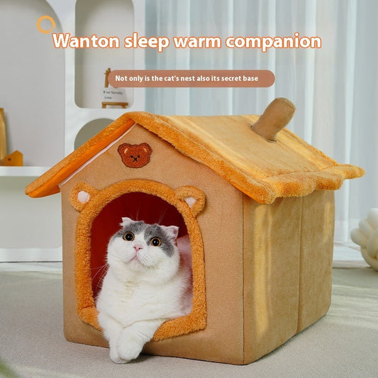 HKM-6487357 Universal Four Seasons Removable Washable Pet Bed - Cute House Type Cathouse Doghouse in Orange and Gray Sizes
