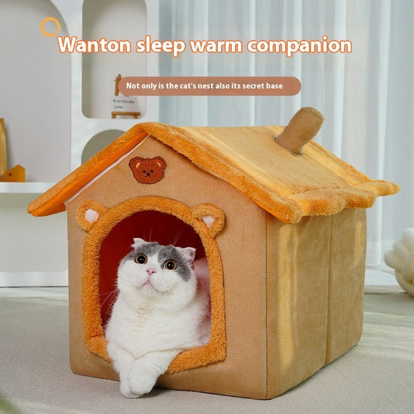 HKM-6487357 Universal Four Seasons Removable Washable Pet Bed - Cute House Type Cathouse Doghouse in Orange and Gray Sizes