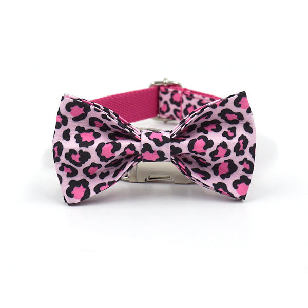 HKM-6491069 Double-layer Pink Leopard Dog Bowknot Collar - Engraved Pet Accessory