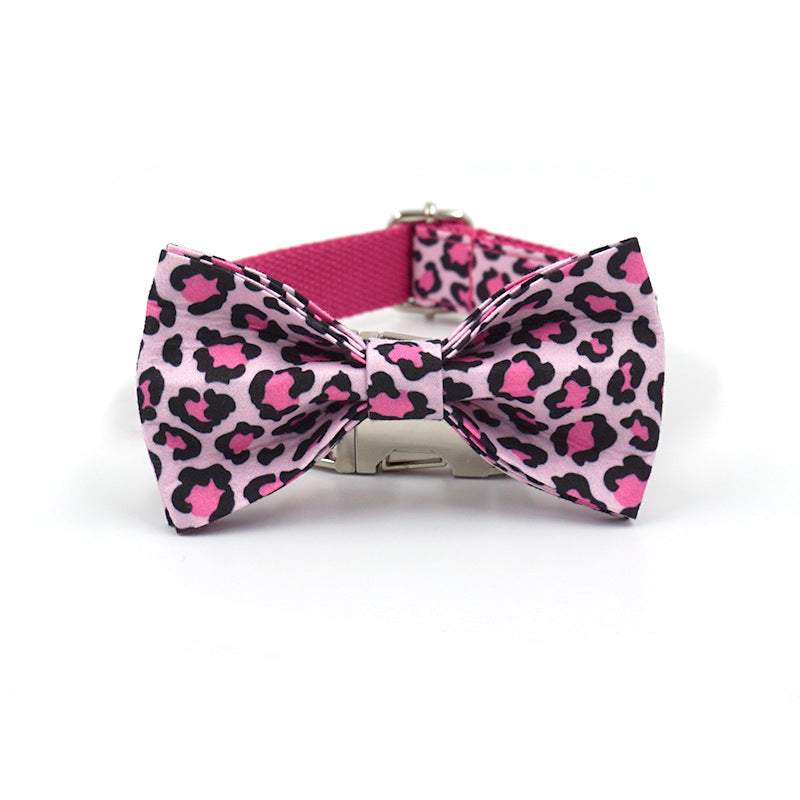 HKM-6491069 Double-layer Pink Leopard Dog Bowknot Collar - Engraved Pet Accessory