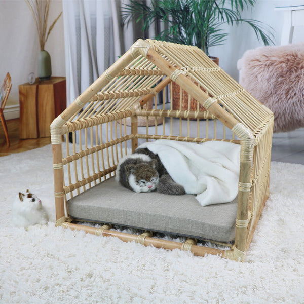 HKM-6492733 Cozy Rattan Cat and Small Dog Cave with Cotton Pad - 50cm Width