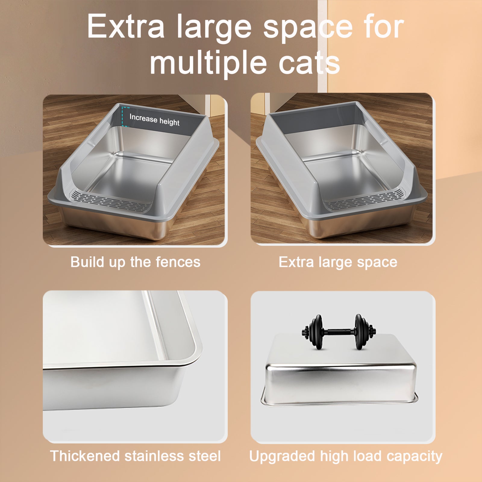 HKM-6494525 Oversized Stainless Steel Litter Box with Removable Lid - Semi-Enclosed, Splash-Proof, and Leak-Proof Design for Large Cats