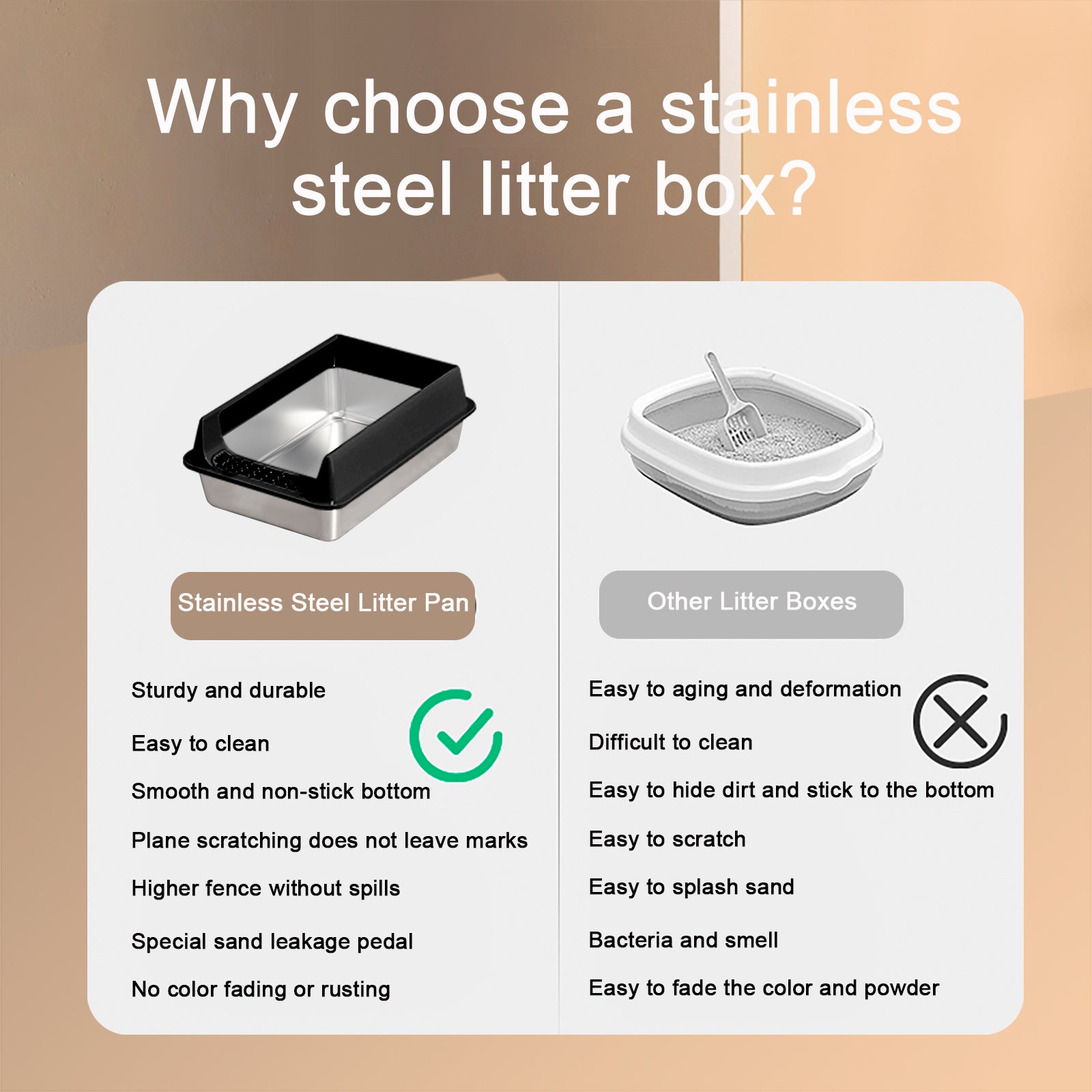HKM-6494525 Oversized Stainless Steel Litter Box with Removable Lid - Semi-Enclosed, Splash-Proof, and Leak-Proof Design for Large Cats
