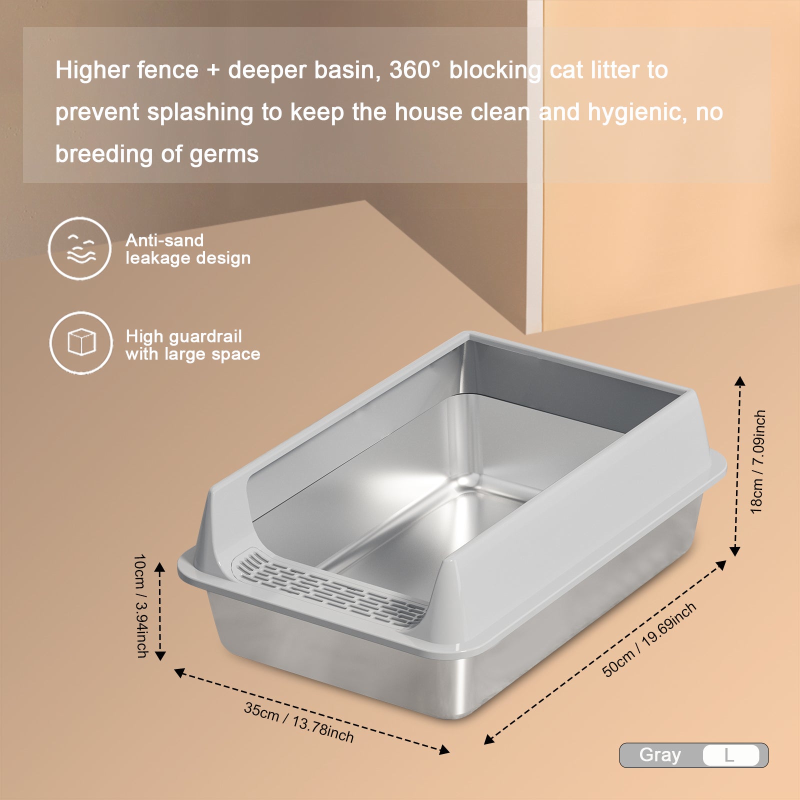 HKM-6494525 Oversized Stainless Steel Litter Box with Removable Lid - Semi-Enclosed, Splash-Proof, and Leak-Proof Design for Large Cats
