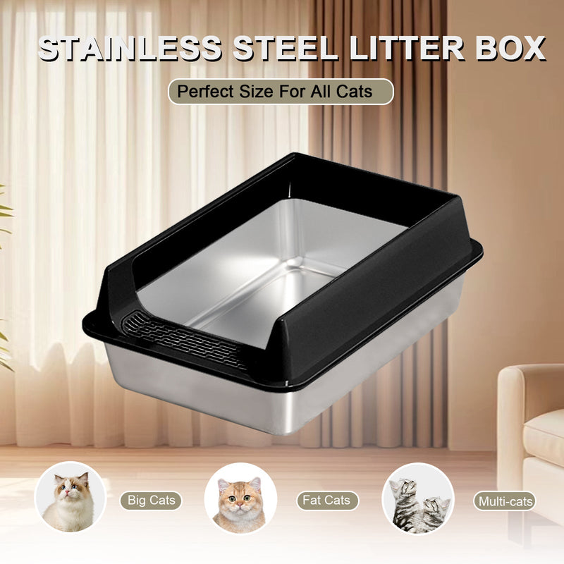 HKM-6494525 Oversized Stainless Steel Litter Box with Removable Lid - Semi-Enclosed, Splash-Proof, and Leak-Proof Design for Large Cats