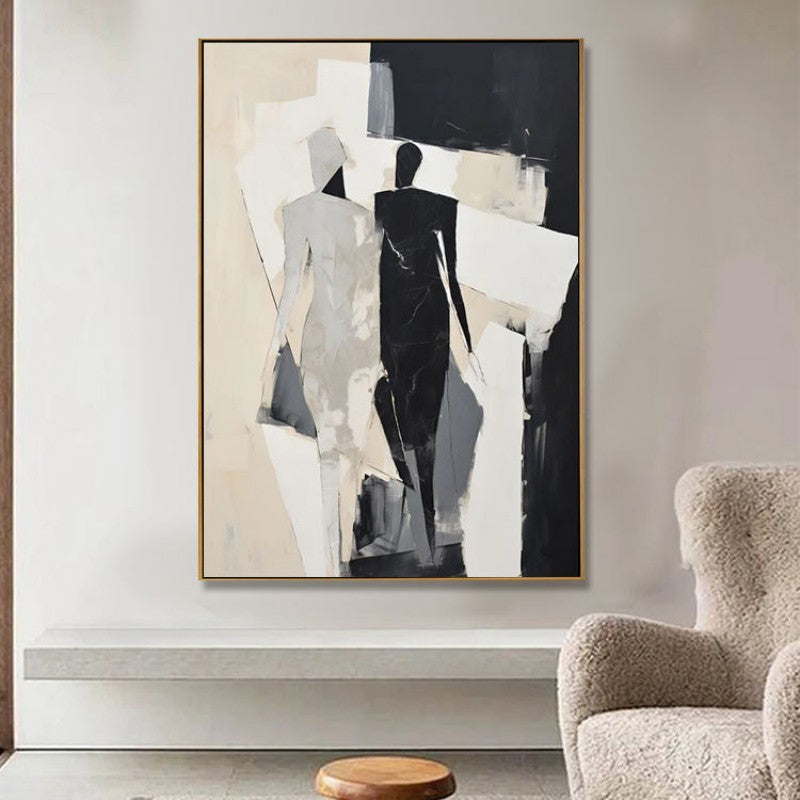 HKM-649491 Hand-Painted Black and White Abstract Canvas Art for Living Room Decor - Unstretched Oil Painting