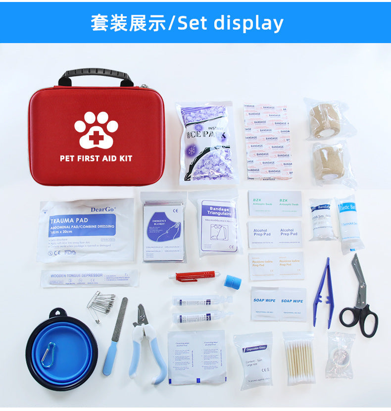HKM-6495293 Portable Pet First Aid Kit - Emergency Wound Treatment Storage Bag Set for Cats and Dogs, 101 Pieces, Red