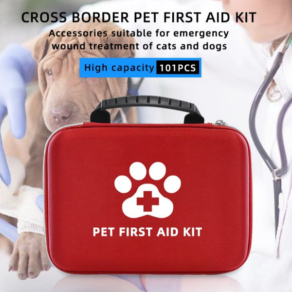 HKM-6495293 Portable Pet First Aid Kit - Emergency Wound Treatment Storage Bag Set for Cats and Dogs, 101 Pieces, Red