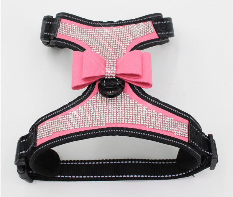HKM-6498109 Reflective Rhinestone Mesh Pet Chest Strap for Enhanced Visibility and Comfort