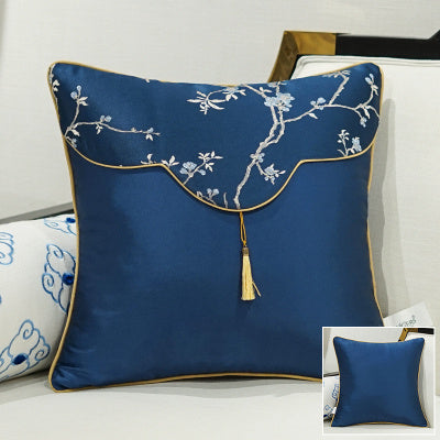 HKM-649875 Classical Lumbar Pillow Cushion with Plant and Flower Design - Green, Blue, Beige