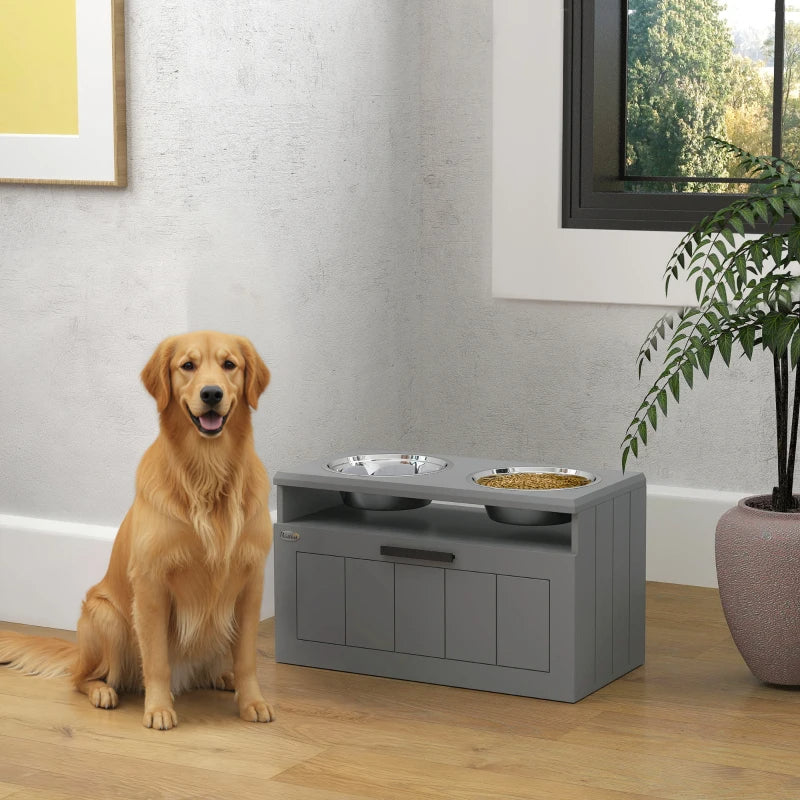 HKM-6500285 Elevated Dog Bowl Stand with 2 Stainless Steel Bowls, Storage Drawer and Slow Feeder Mat for Large Breeds