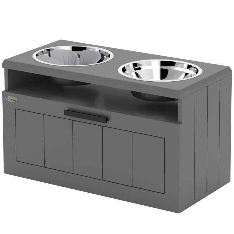 HKM-6500285 Elevated Dog Bowl Stand with 2 Stainless Steel Bowls, Storage Drawer and Slow Feeder Mat for Large Breeds