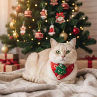 HKM-6500797 Festive Red Christmas Bandana for Pets with Santa and Tree Design, Adjustable Collar for Cats and Small to Medium Dogs