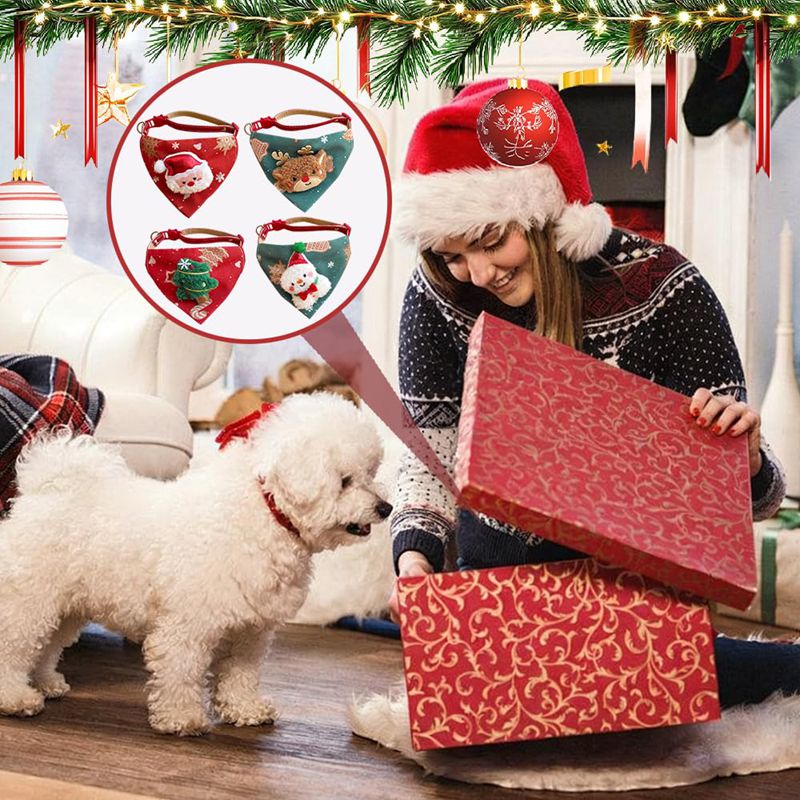 HKM-6500797 Festive Red Christmas Bandana for Pets with Santa and Tree Design, Adjustable Collar for Cats and Small to Medium Dogs