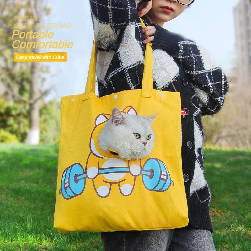 HKM-6501053 Portable Pet Canvas Tote Bag for Cats and Dogs - Cute Animal Design with Exposed Head Feature, Ideal for Outdoor Travel