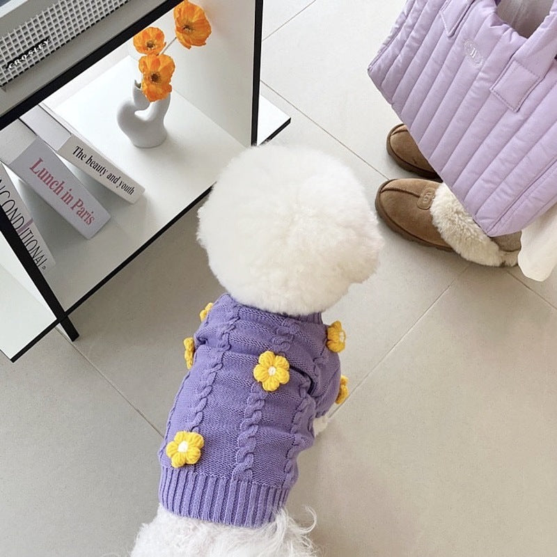 HKM-6502589 Flower Print Knitted Dog Clothes - Purple - XS to XL Sizes Available