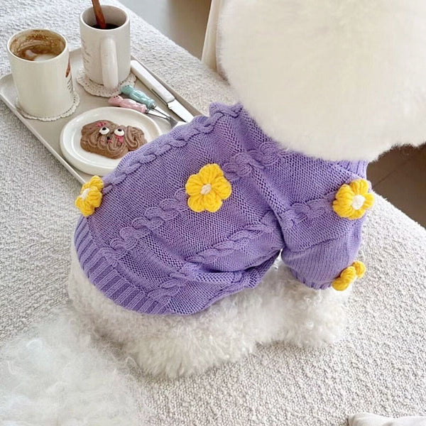 HKM-6502589 Flower Print Knitted Dog Clothes - Purple - XS to XL Sizes Available