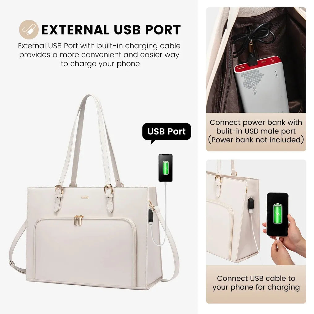 HKM-650259 Stylish PU Leather Tote Bag with USB Port for Women, Large Shoulder Handbag and Briefcase Design