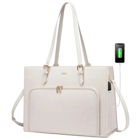 HKM-650259 Stylish PU Leather Tote Bag with USB Port for Women, Large Shoulder Handbag and Briefcase Design