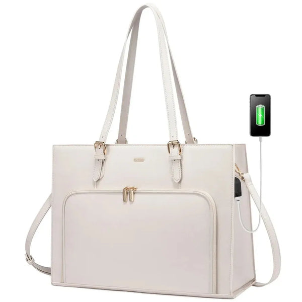 HKM-650259 Stylish PU Leather Tote Bag with USB Port for Women, Large Shoulder Handbag and Briefcase Design