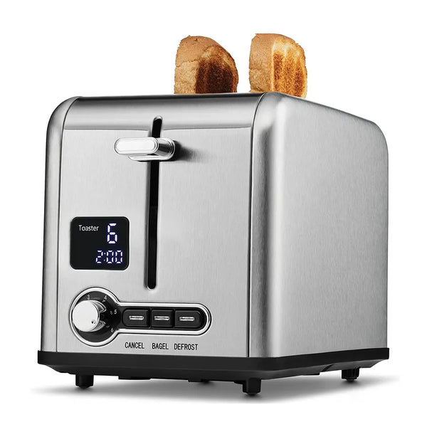 HKM-650451 Stainless Steel 2-Slice Toaster with Digital LED Display and Automatic Pop-Up Feature