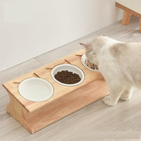 HKM-6504765 Wooden Cat Bowl Set with Ceramic Dish and Installation Tools - Bamboo or Oak Options