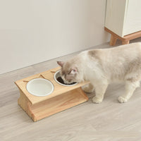 HKM-6504765 Wooden Cat Bowl Set with Ceramic Dish and Installation Tools - Bamboo or Oak Options