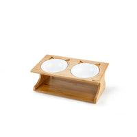 HKM-6504765 Wooden Cat Bowl Set with Ceramic Dish and Installation Tools - Bamboo or Oak Options
