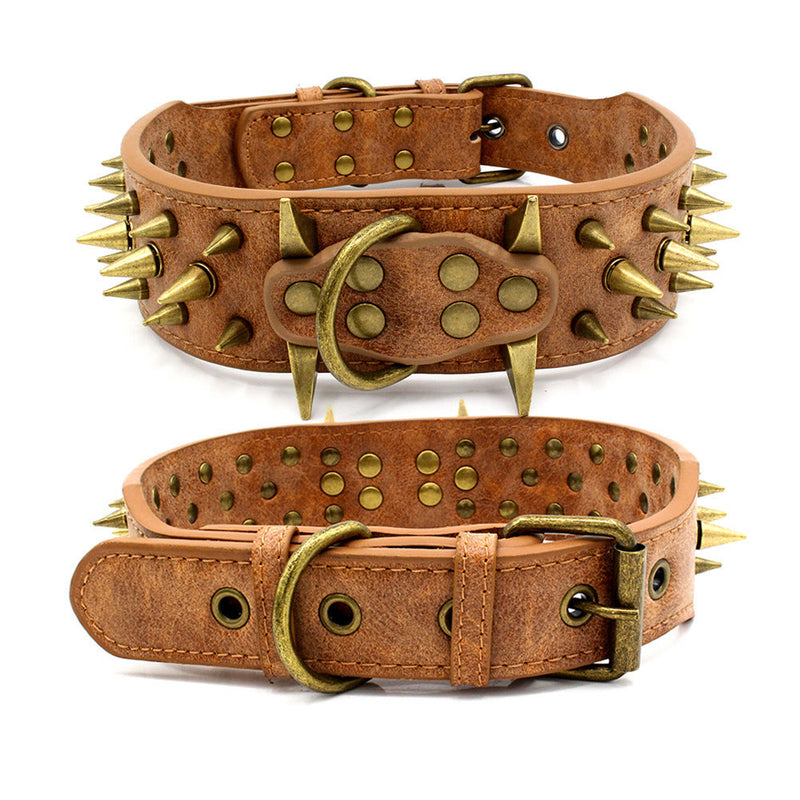 HKM-650579 Durable PU Dog Collar for Large Breeds - Adjustable Length in Brown, Dark Blue, and Gray