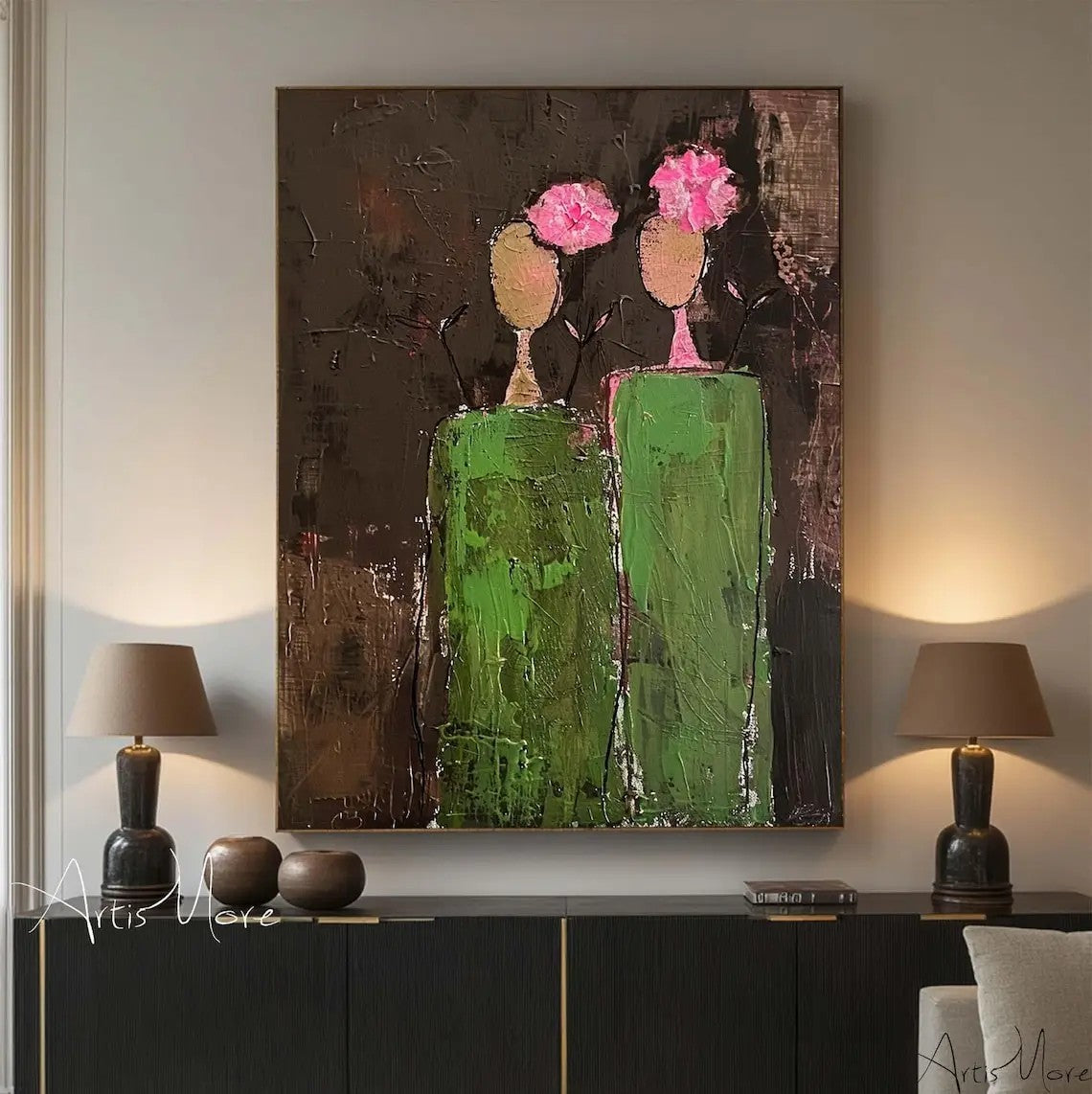 HKM-650643 Large Hand-Painted Abstract People Oil Painting on Canvas with Green Texture for Home Decor