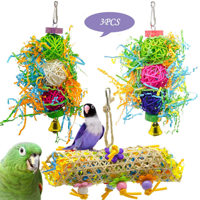 HKM-650643 Multicolored Bird Toy Set - 3 Durable Gnawing Supplies with Natural Bamboo, Cotton Rope, and Clips for Parrots