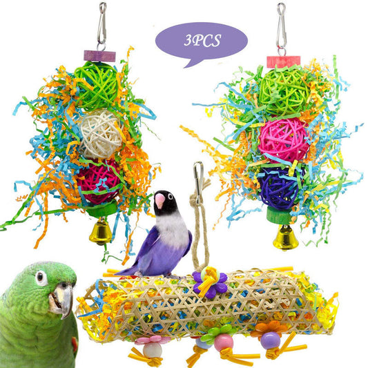 HKM-650643 Multicolored Bird Toy Set - 3 Durable Gnawing Supplies with Natural Bamboo, Cotton Rope, and Clips for Parrots