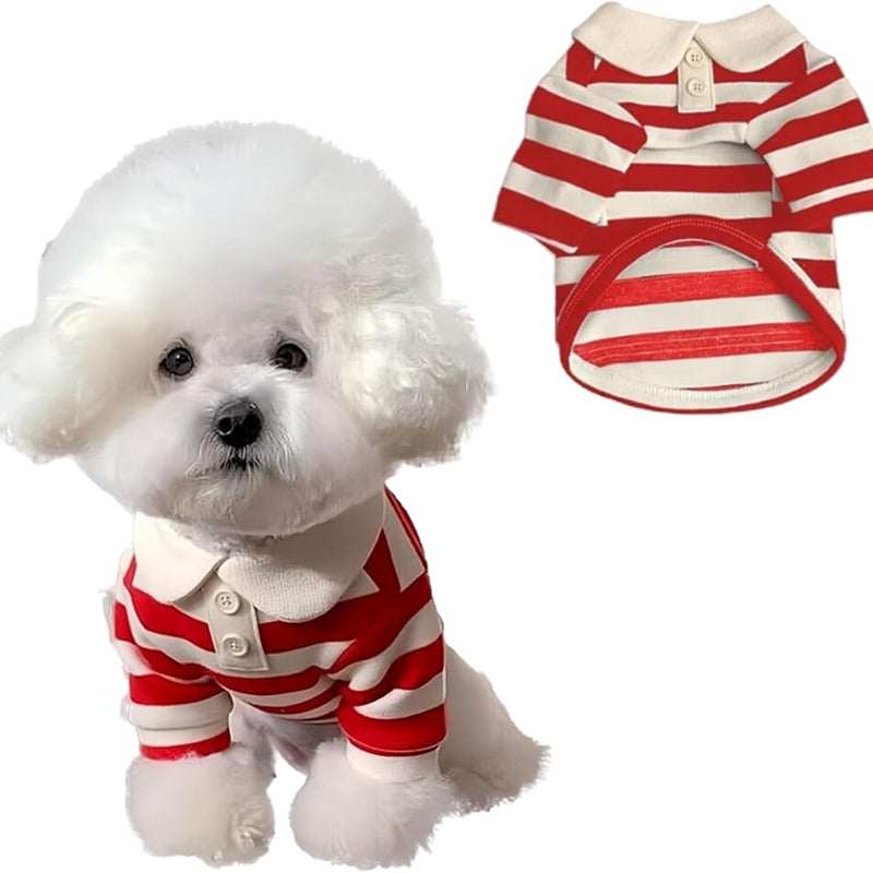 HKM-6509117 Puppy Polo Shirt for Small and Medium Dogs - Summer Striped Collared T-Shirt for Yorkies, Shih Tzus, and Dachshunds