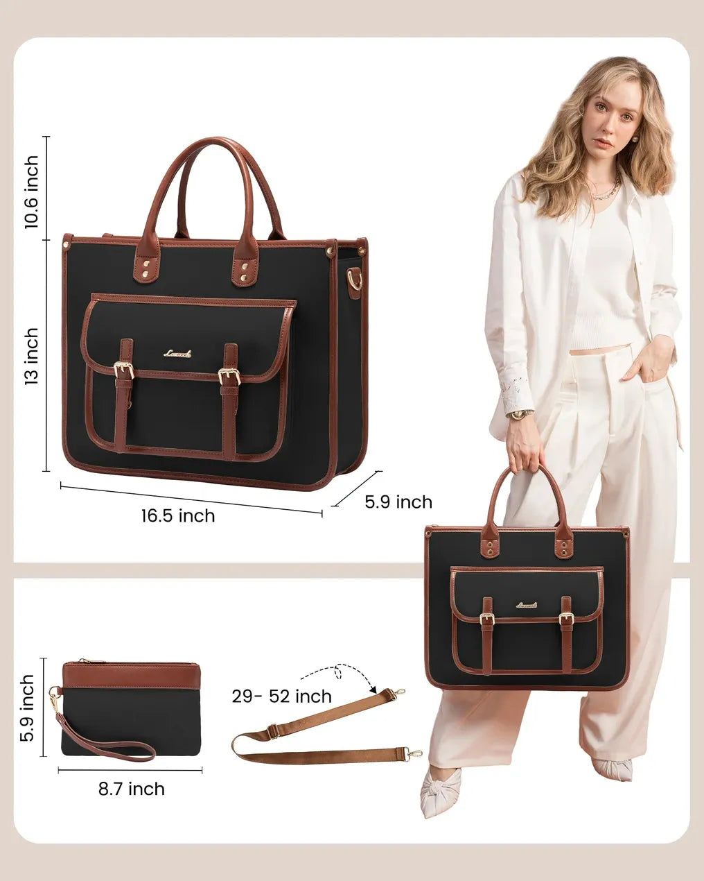 HKM-651411 Lightweight 15.6 in PU Canvas Laptop Tote Bag and Shoulder Messenger Bag for Women
