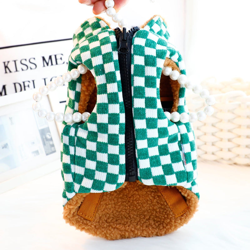 HKM-6515901 Thick Double-Sided Velvet Vest in Coffee White, Green, and Black Plaid for Pets