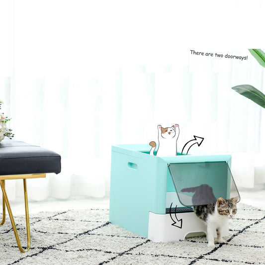 HKM-651667 Large Enclosed Cat Litter Box with Drawer - Blue Grey