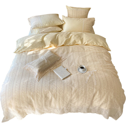 HKM-651667 Soft Cotton Bed Linen Set in Cream Yellow - Four-Piece Korean Style Bedding for Various Bed Sizes