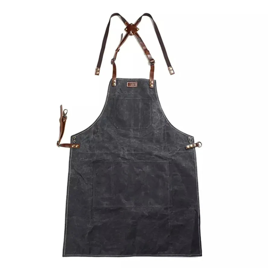 HKM-651731 Oil Wax Canvas and Leather Garden Apron for Outdoor Work and Barbecue
