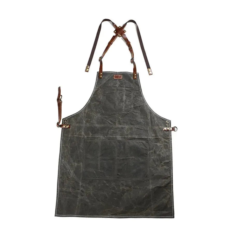 HKM-651731 Oil Wax Canvas and Leather Garden Apron for Outdoor Work and Barbecue