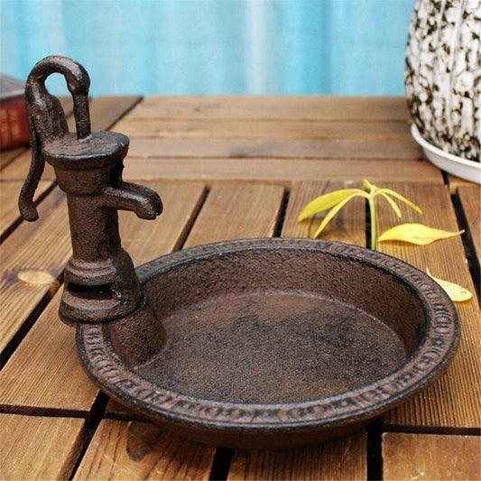 HKM-651795 Rustic Cast Iron Bird Feeder - Vintage Style Water Pump Design for Garden, Balcony, and Outdoor Décor
