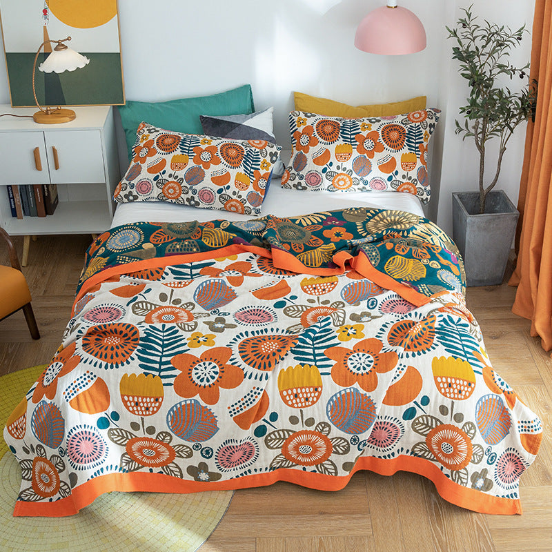 HKM-651859 Five-Layer Cotton Soft Summer Blanket in Bird Screen Yellow and Blue, Floral Design, Various Sizes