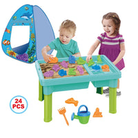 HKM-652115 2 in 1 Foldable Beach Tent and Play Table Set for Kids Ages 2-13, Soft Toy and Water Play, Indoor/Outdoor Use