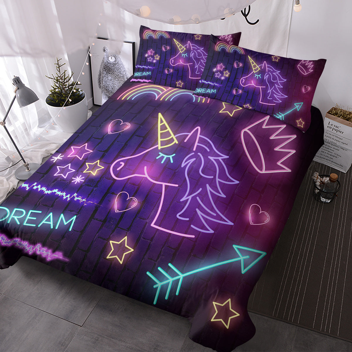 HKM-652179 Black Neon Pattern 3 Piece Duvet Cover Set with Pillow Shams – Soft and Breathable Microfiber, Machine Washable